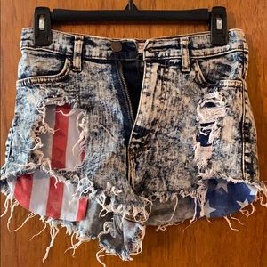 High waisted American flag acid wash shorts